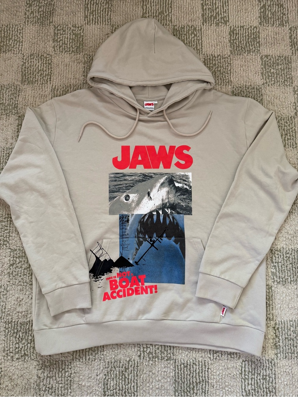 JAWS Graphic Hoodie in Light Tan with Red & Blue Print